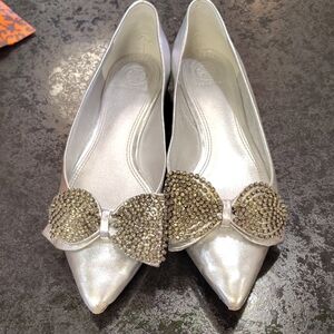 Tory Burch Silver Flats with Embellished Bow